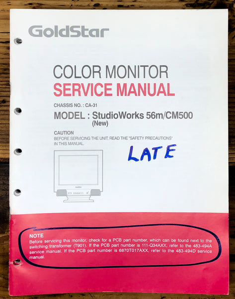 Goldstar Late CA-31 Studioworks 56m CM500 Color Monitor Service Manual *Orig*