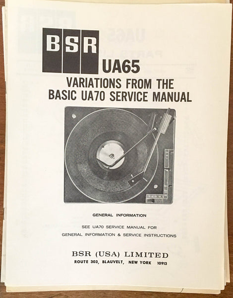BSR UA65 UA 65 Series Record Player / Turntable  Service Manual *Original*