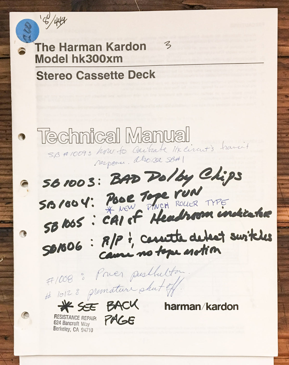 Harman Kardon HK300XM HK-300XM Cassette  Service Manual *Original*