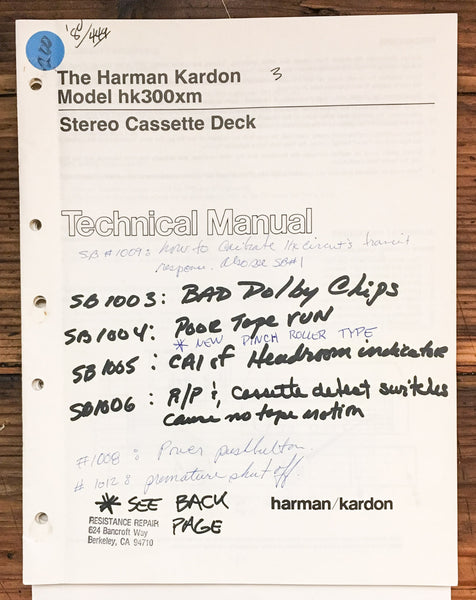 Harman Kardon HK300XM HK-300XM Cassette  Service Manual *Original*