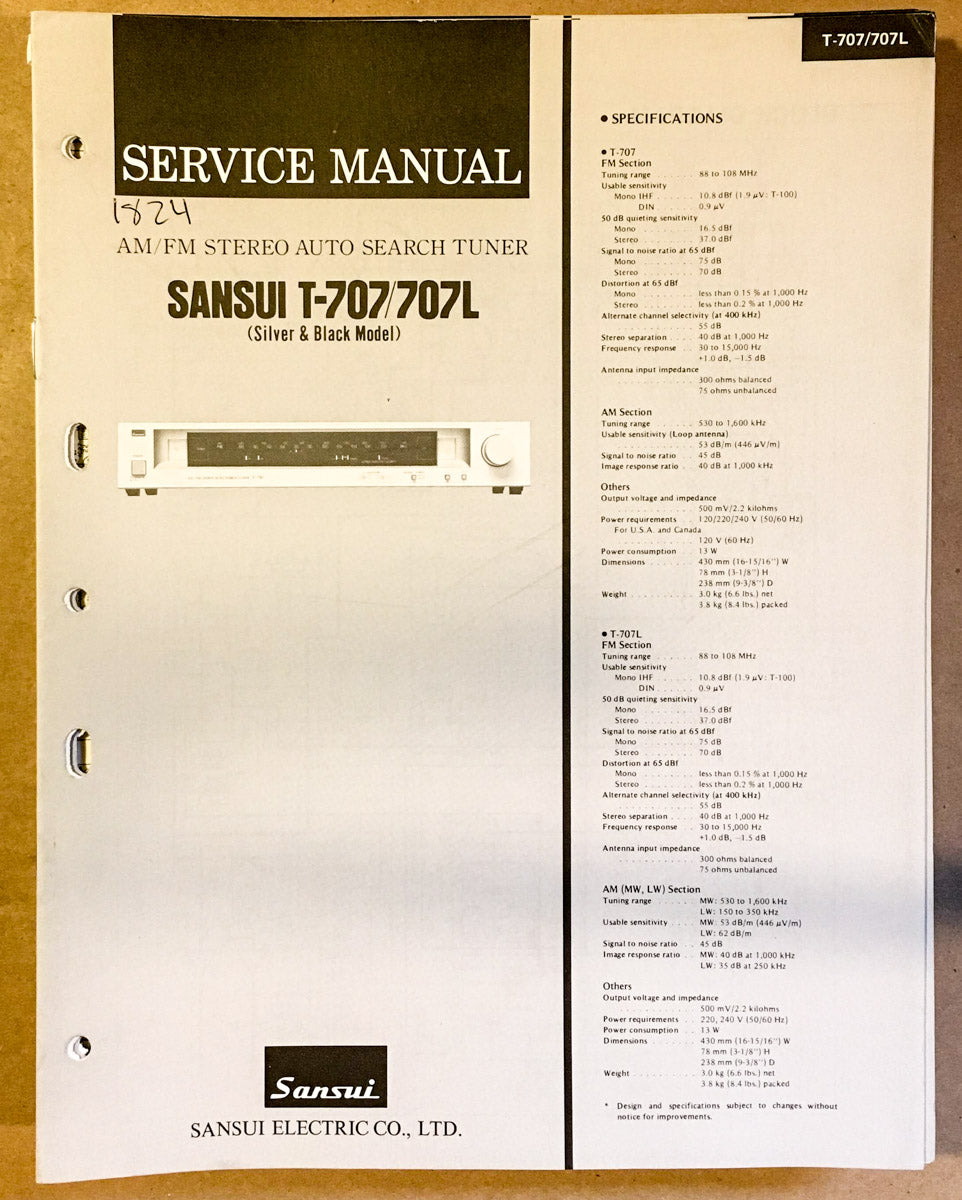 Sansui T-707 Tuner Service Manual *Original*