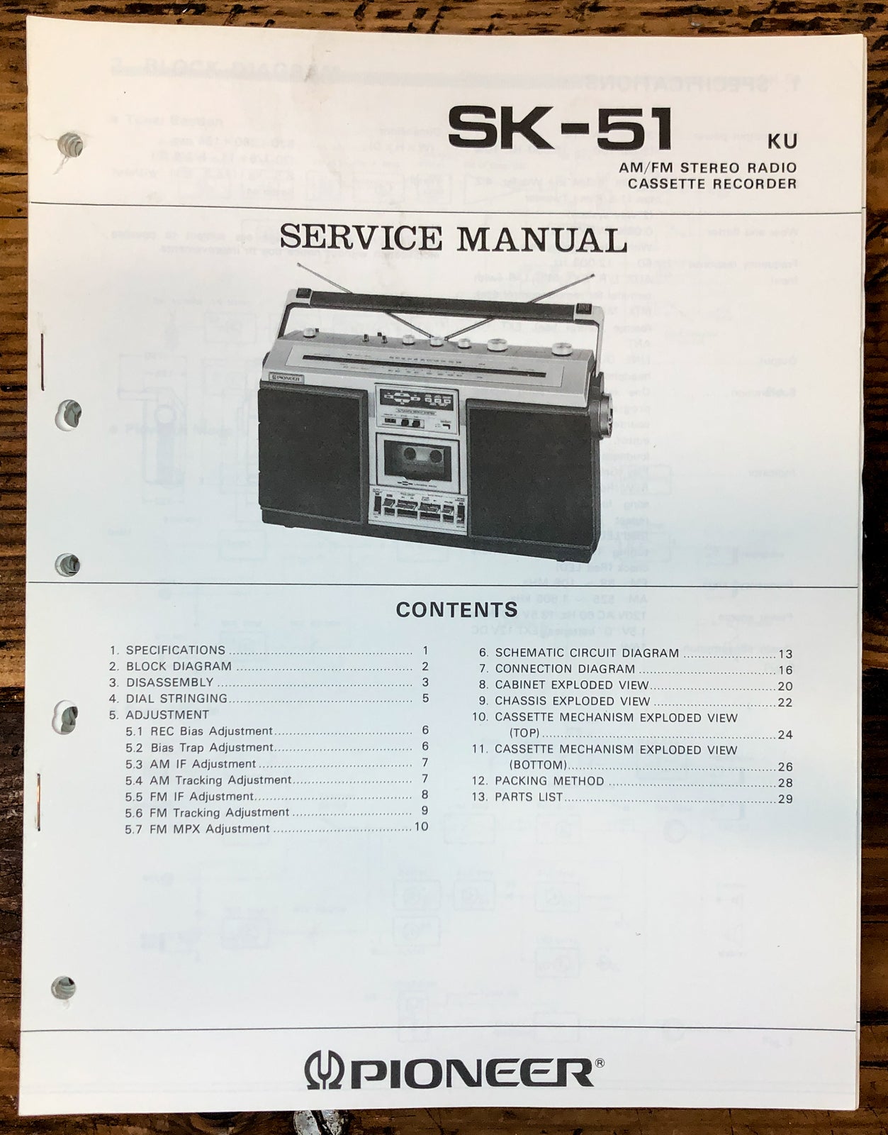 Pioneer SK-51 Radio  Service Manual *Original*