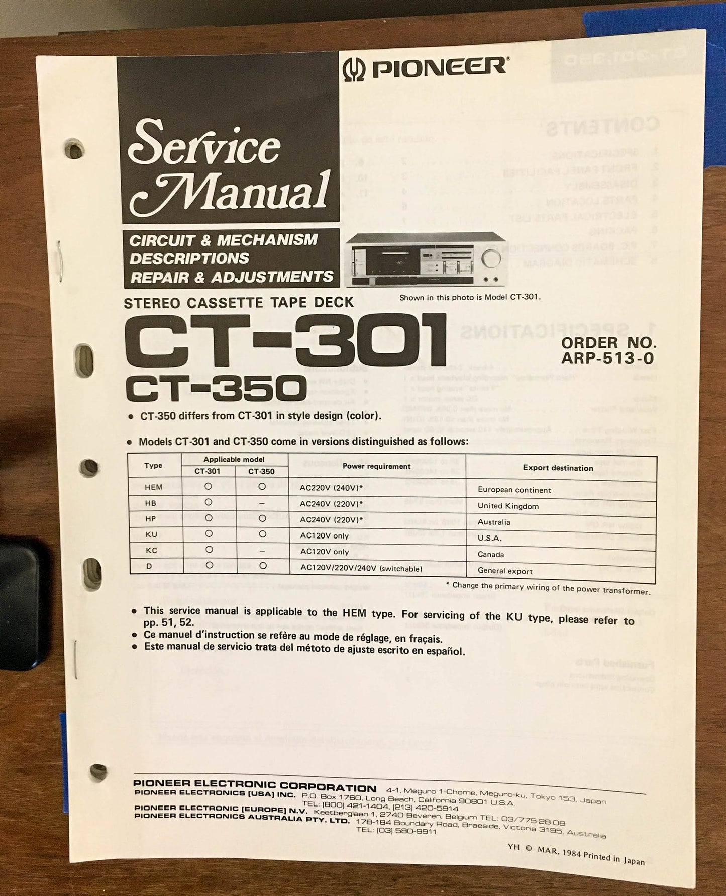 Pioneer CT-301 Cassette  Service Manual *Original*