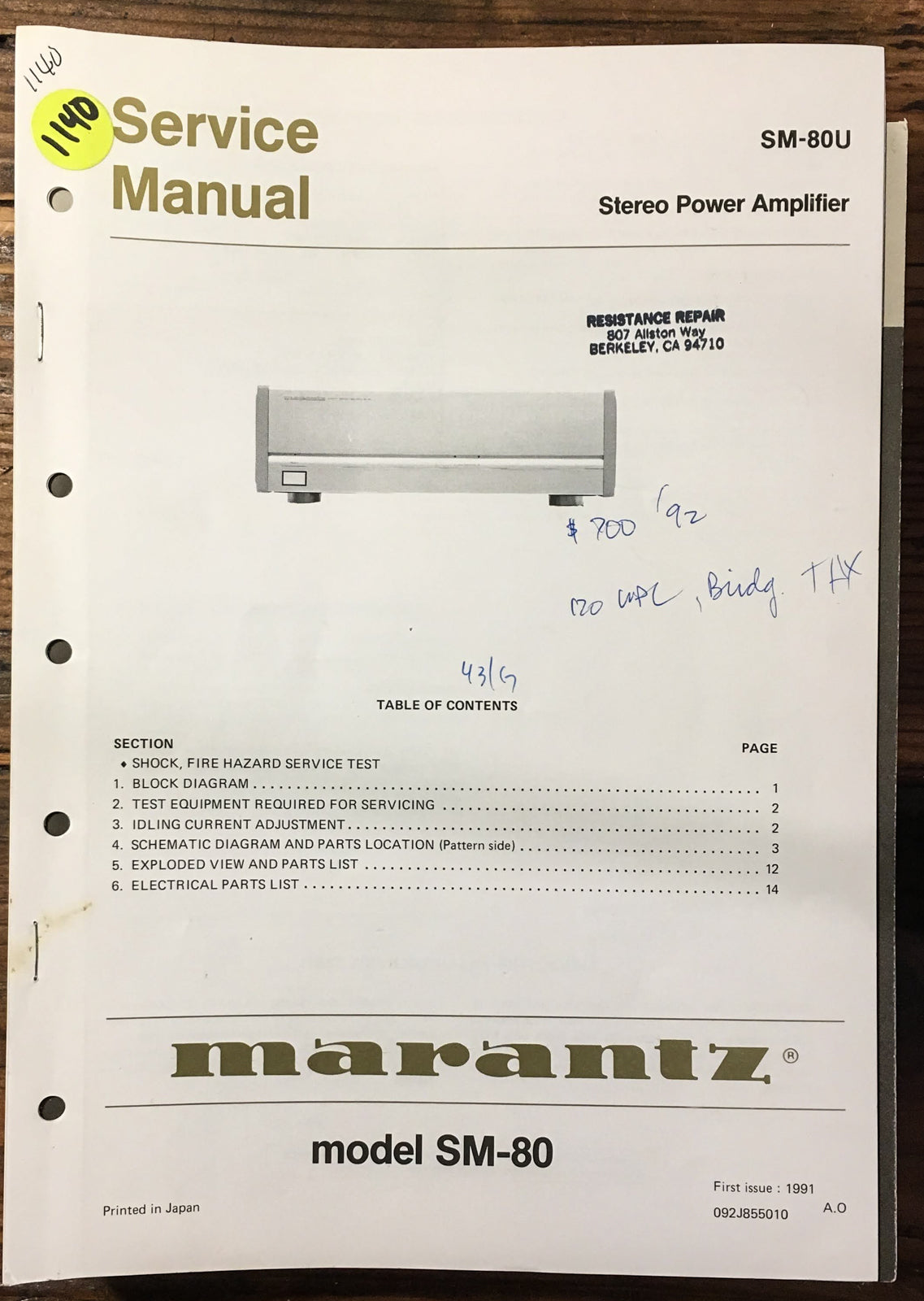 Marantz SM-80U SM-80 U Amplifier  Service Manual *Original*