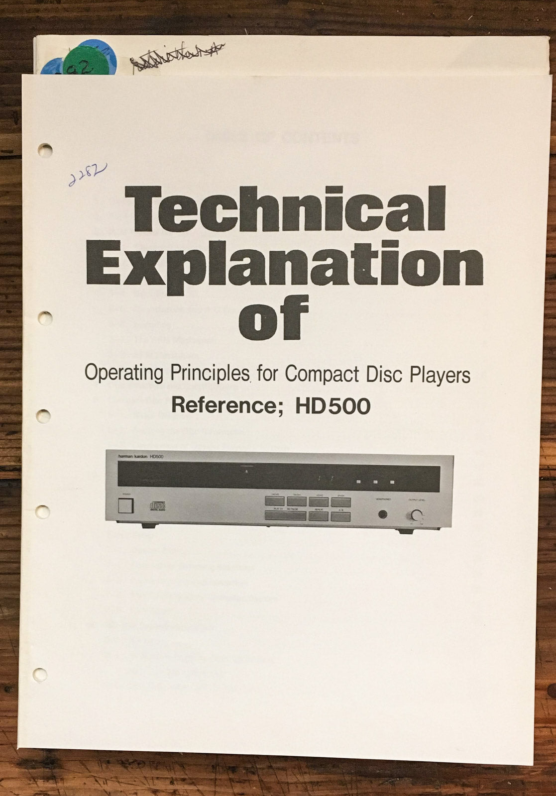 Harman Kardon 500 HD-500 CD Player  Technical Explanation Manual *Original*