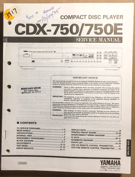 Yamaha CDX-750 CDX-750E CD Player  Service Manual *Original*