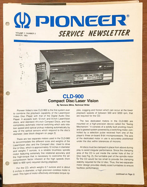 Pioneer CLD-900 Laservision Disc Player  Service Newsletter *Original*