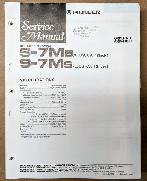 Pioneer S-7M 7Mb 7Ms Speaker Service Manual *Original*