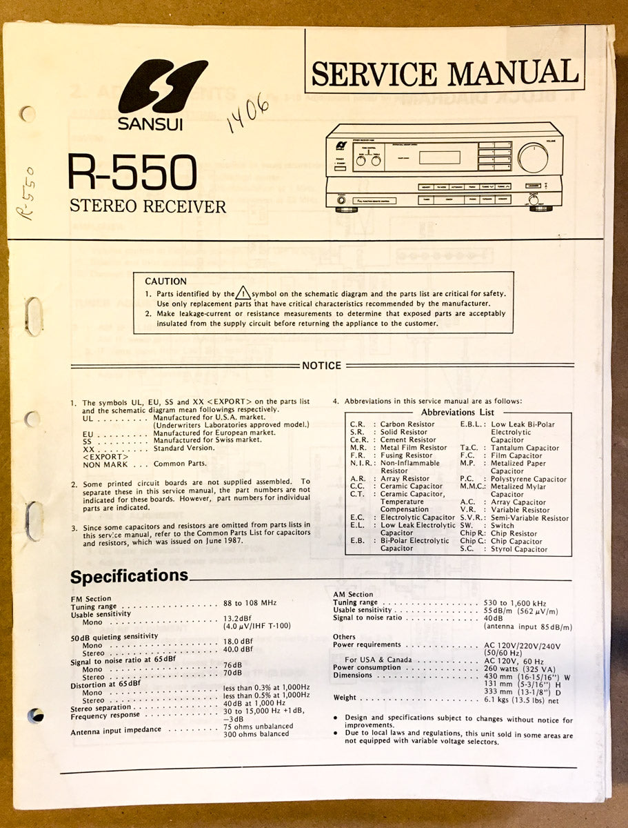 Sansui R-550 Receiver Service Manual *Original* #2