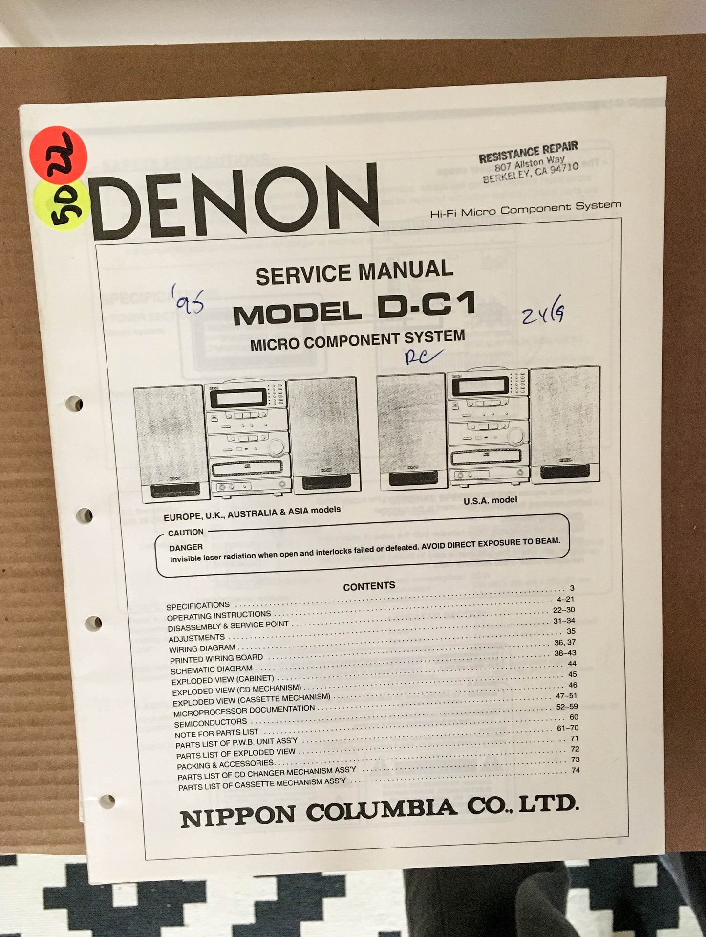 Denon D-C1 Stereo System Service Manual *Original*