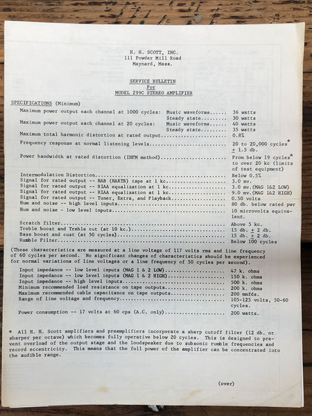 HH Scott Model 299C Tube Amplifier Service Bulletin w/ schematic  *Original*