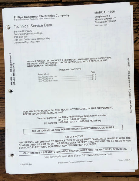 Philips MX891 AHT01 Receiver Supp Service Manual *Original* #1