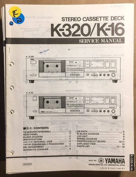 Yamaha K-320 K-16 Cassette  Service Manual *Original*