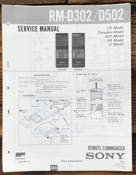 Sony RM-D302 RM-D502 Remote Control  Service Manual *Original*