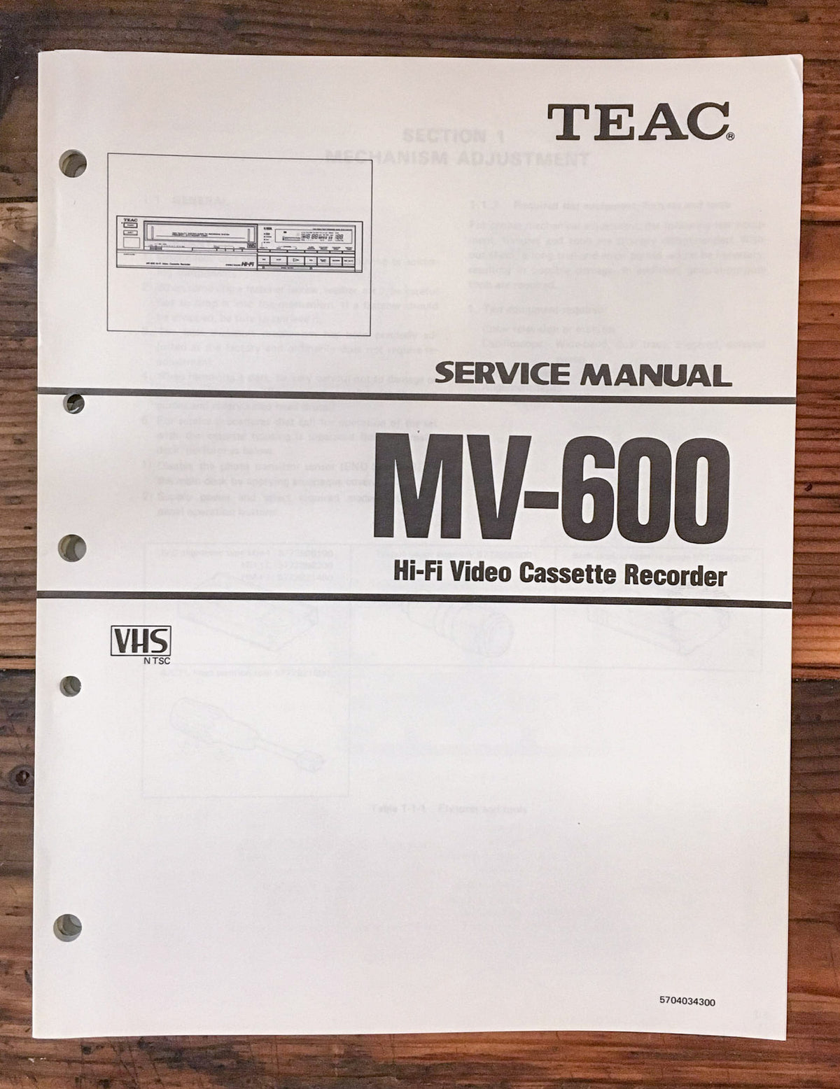Teac MV-600 VCR / Video Cassette  Service Manual *Original*