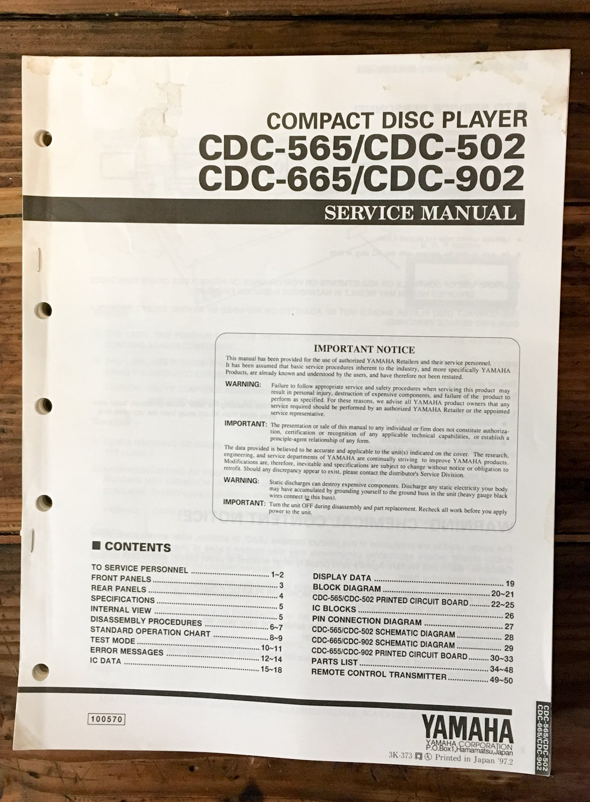 Yamaha CDX-565 -665 -502 -902 CD Player Service Manual *Original*