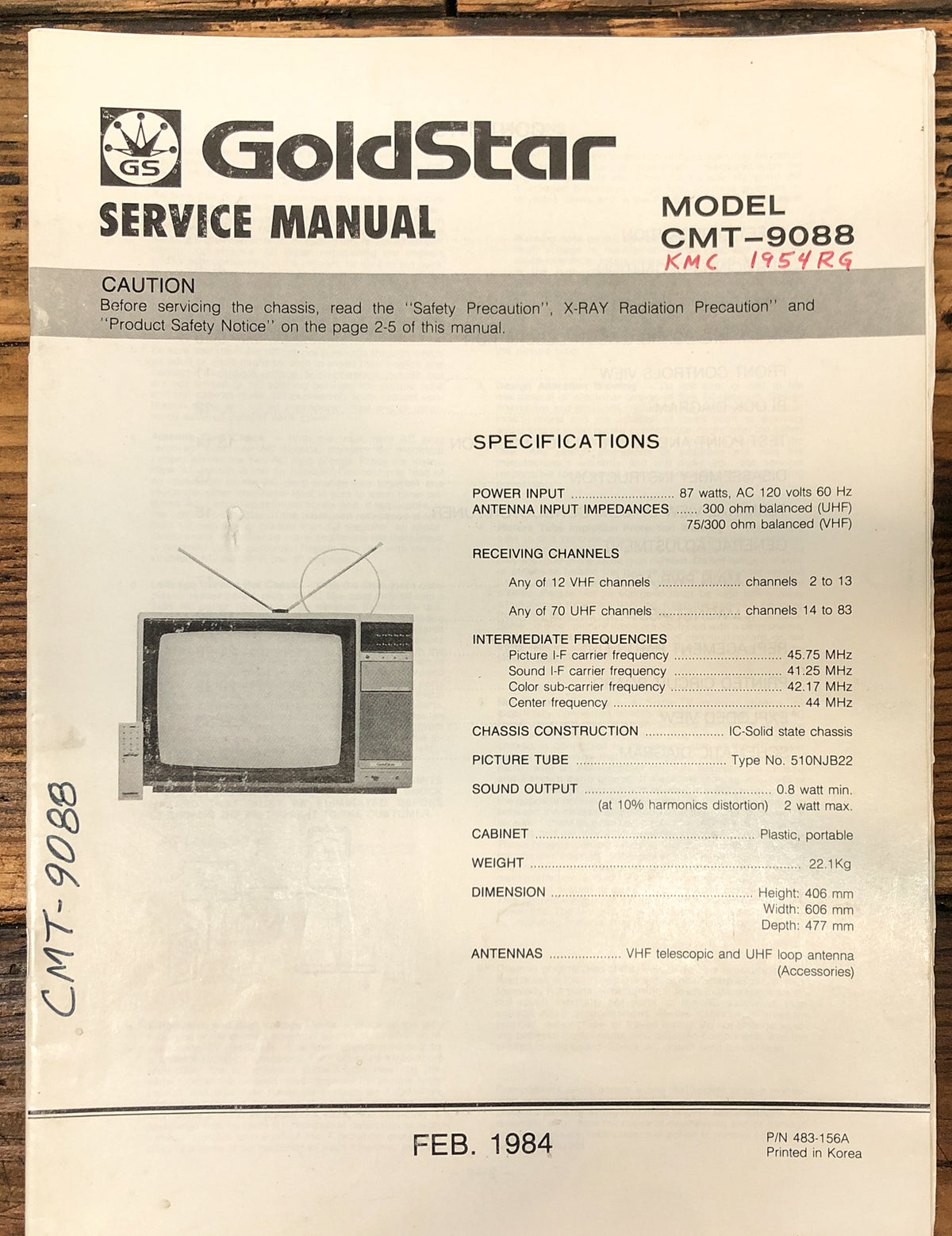 LG Goldstar CMT-9085 NT-01X Color TV  Service Manual *Original*
