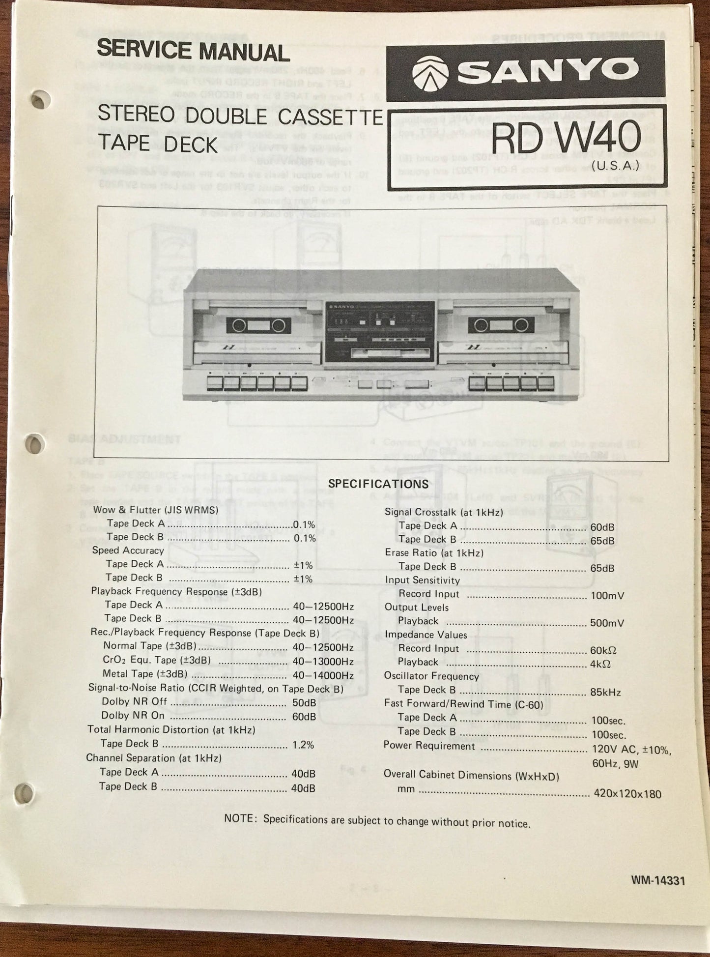 Sanyo RD W40 Cassette Deck Service Manual *Original*
