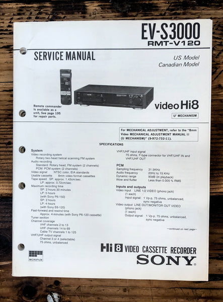 Sony EV-S3000 Hi8 VCR  Service Manual *Original*