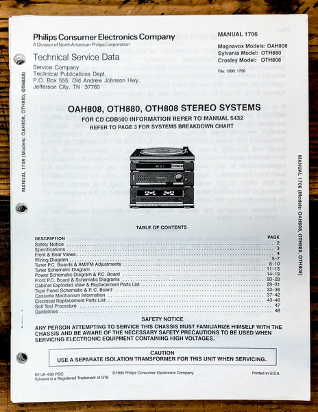 Magnavox Sylvania Crosley OAH808 OTH880 OTH808 Stereo Service Manual *Original*