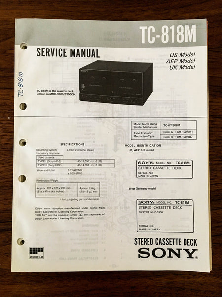 Sony TC-818M Cassette Service Manual *Original*