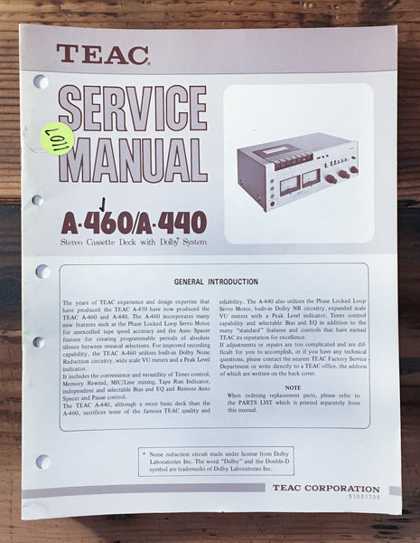 Teac A-440 A-460 Cassette Service Manual *Original*