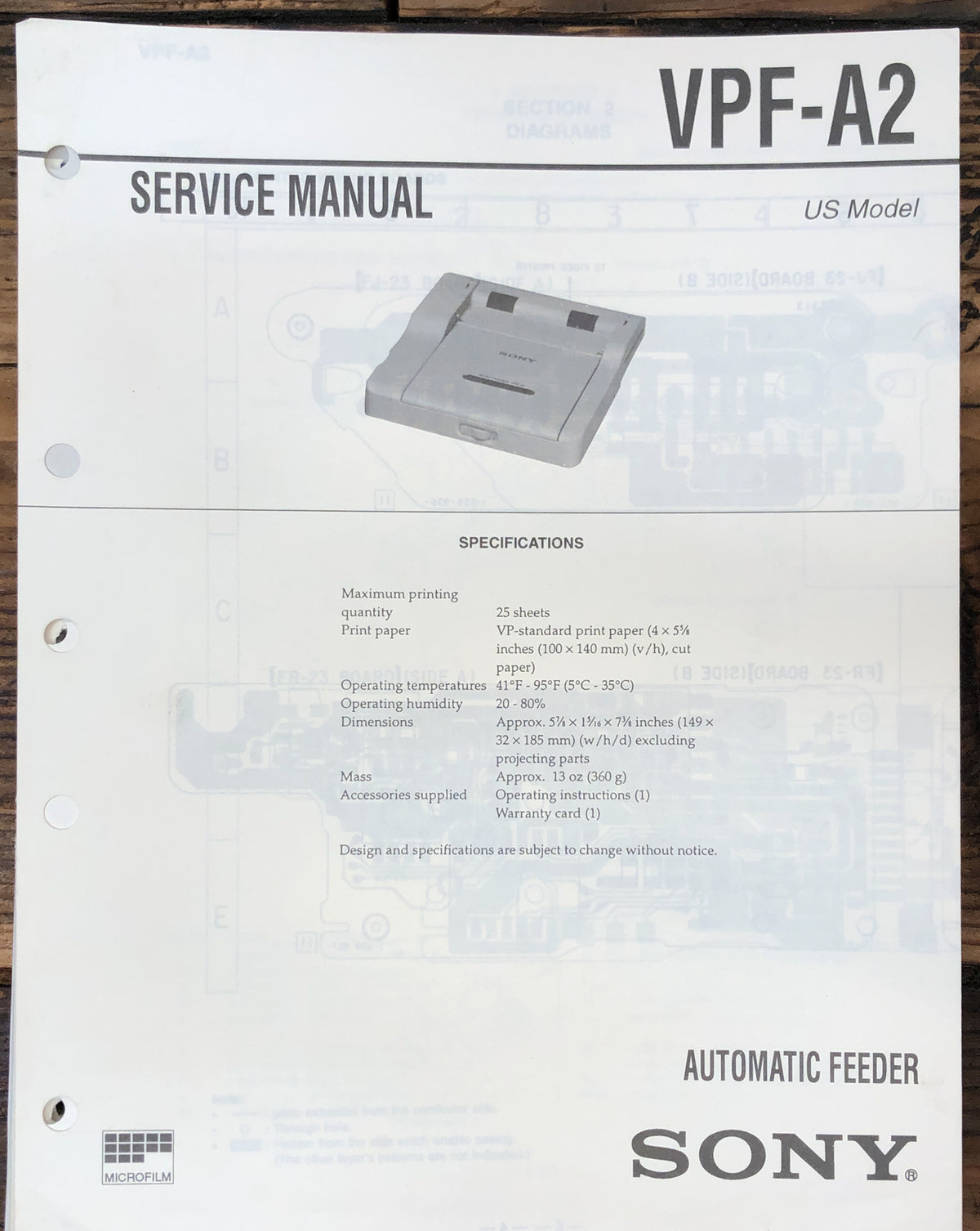 Sony VPF-A2 Auto Feeder  Service Manual *Original*