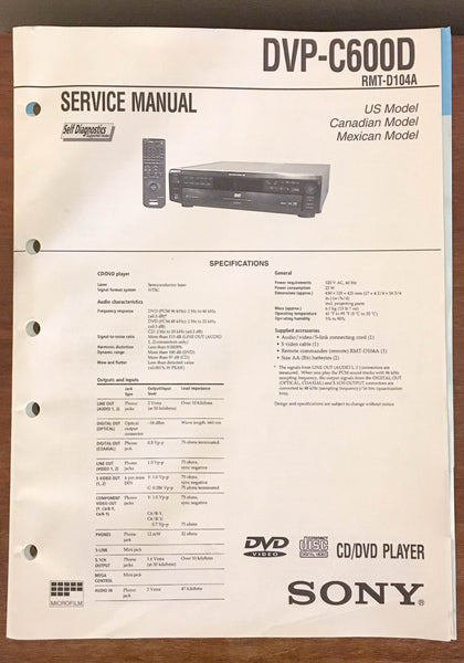 Sony DVP-C600D CD DVD Player  Service Manual *Original*
