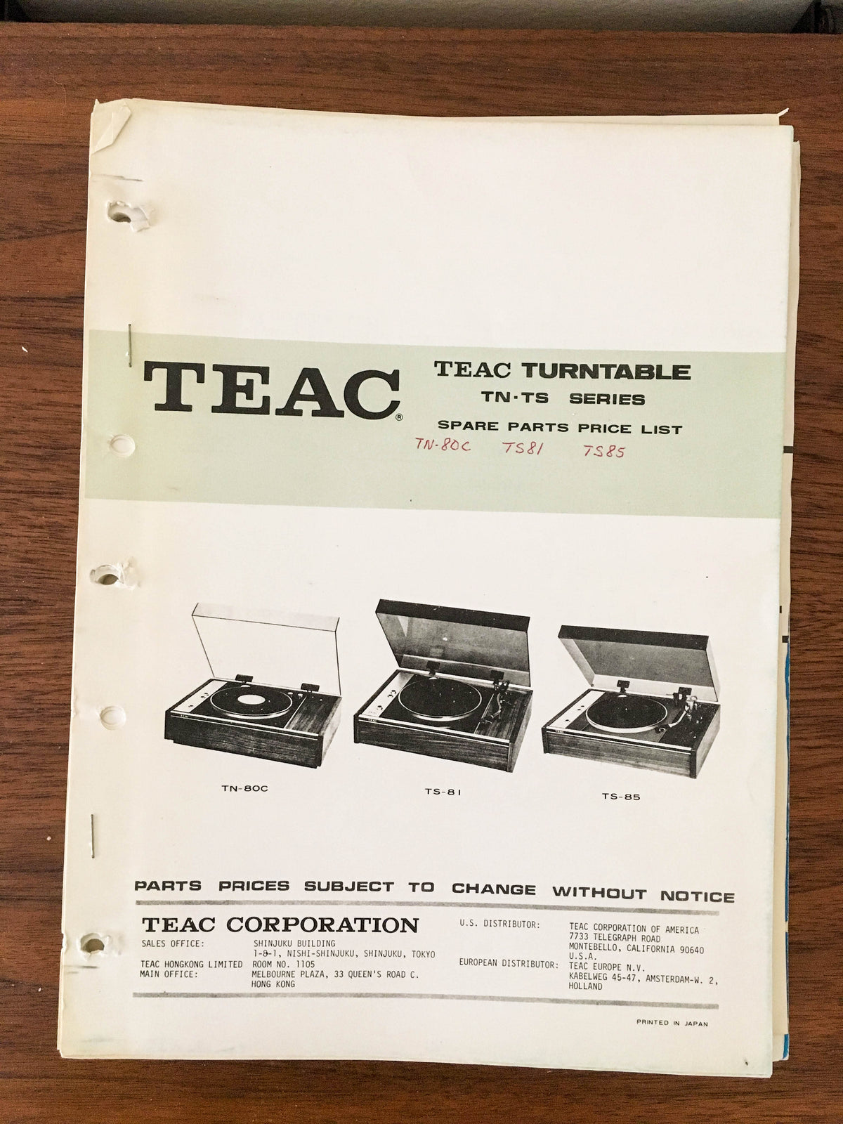 Teac TN-80C TS-81 TS-85 Record Player / Turntable Parts List Manual *Original*