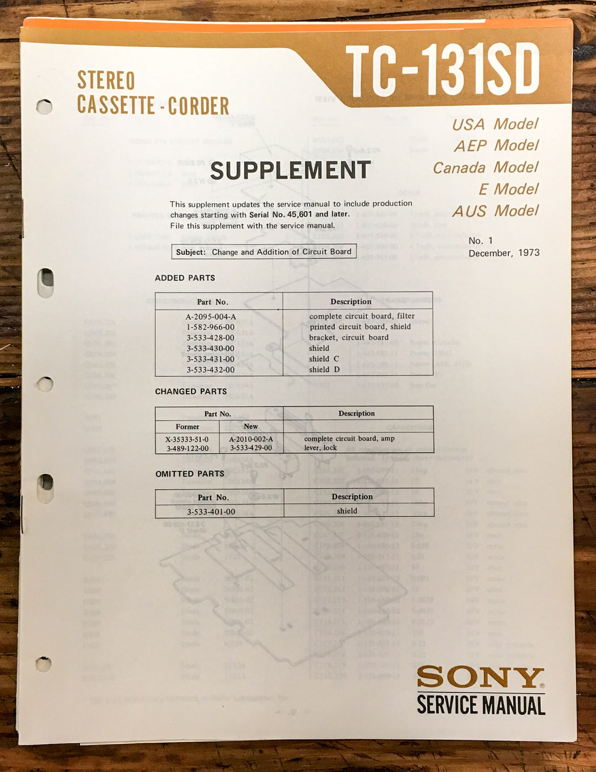 Sony TC-131SD Cassette  Service Manual Supplement *Original*