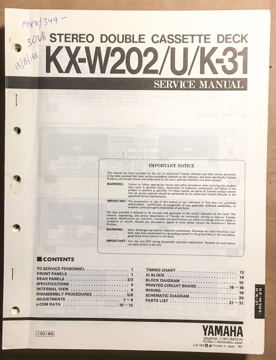 Yamaha KX-W202 K-31 Cassette Service Manual *Original*