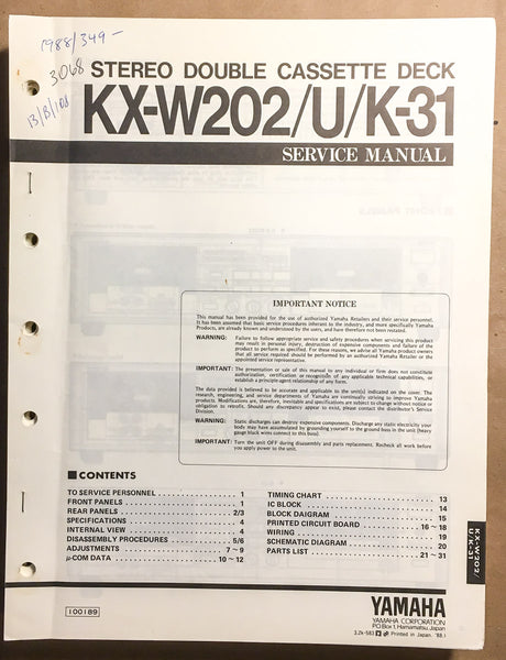 Yamaha KX-W202 K-31 Cassette Service Manual *Original*
