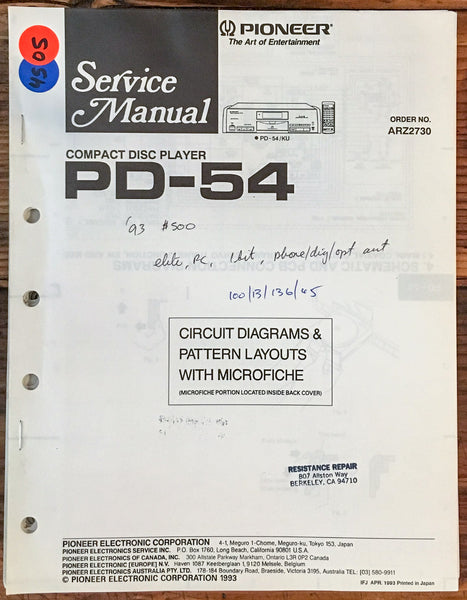 Pioneer PD-54 CD Player  Service Manual *Original*