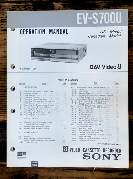 Sony EV-S700U Video 8 VCR  Owner / Operation Manual *Original*