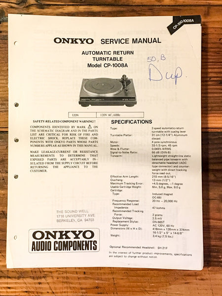 Onkyo CP-1008A 1008 A Record Player Turntable Service Manual *Original*