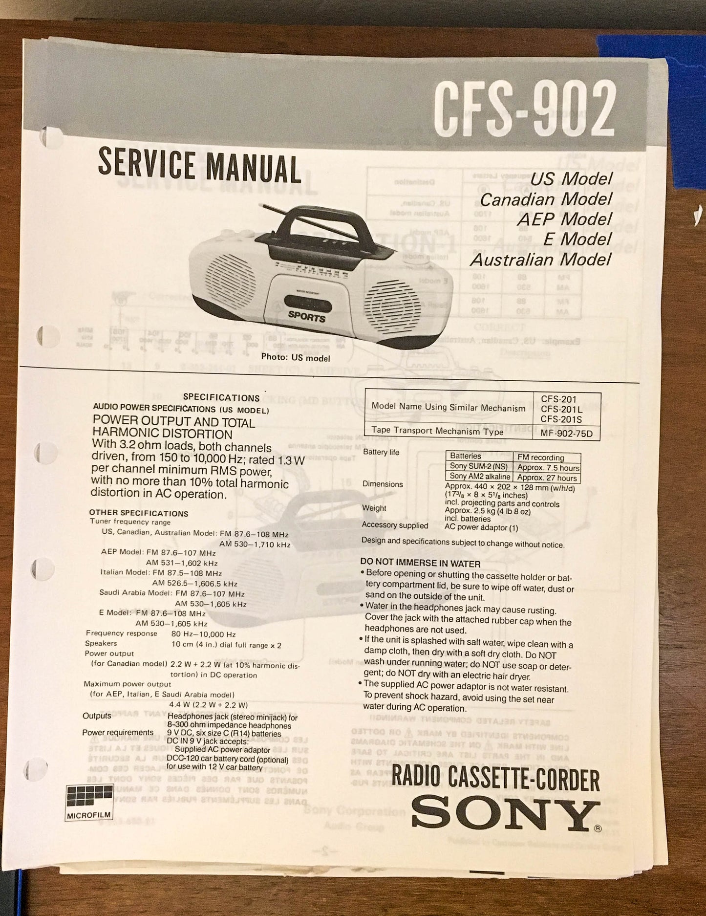 Sony CFS-902 Radio Cassette Recorder / Boombox Service Manual *Original*
