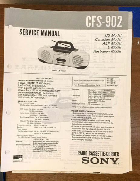 Sony CFS-902 Radio Cassette Recorder / Boombox Service Manual *Original*