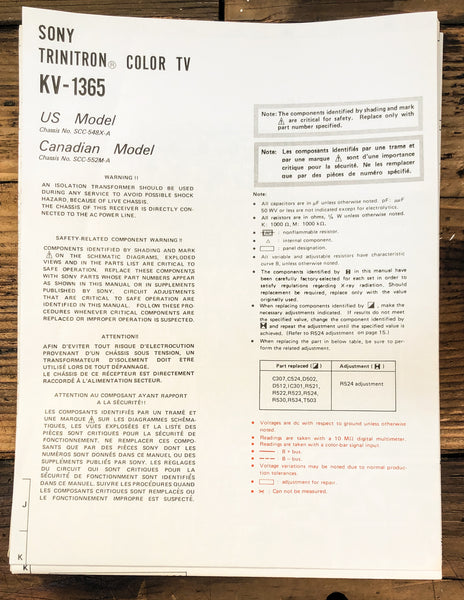 Sony KV-1365 TV  Fold Out Schematic *Original*