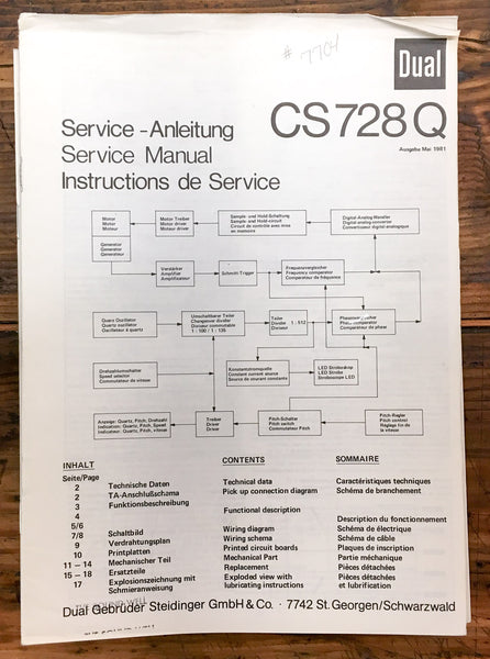 Dual CS 728Q 728 Q Record Player / Turntable  Service Manual *Original*