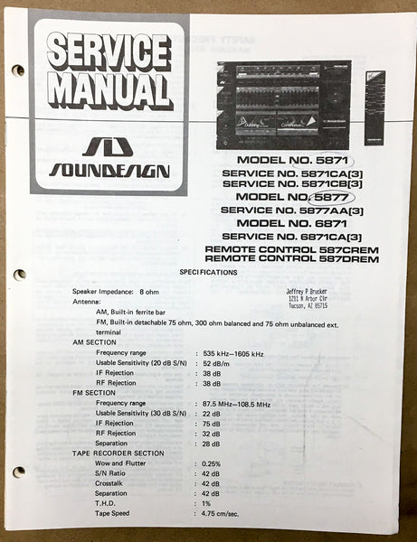 Soundesign Model 5871 5877 6871 Stereo Service Manual *Original*