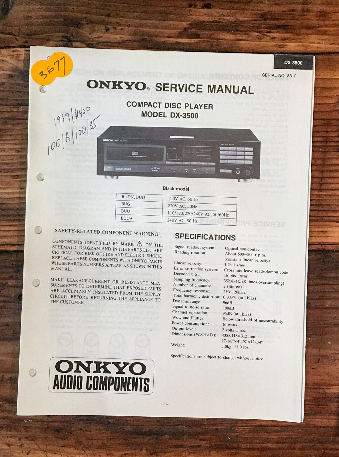 Onkyo DX-3500 CD Player  Service Manual *Original*