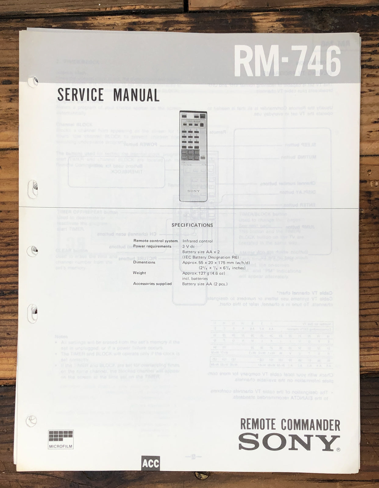 Sony RM-746 Remote Control  Service Manual *Original*