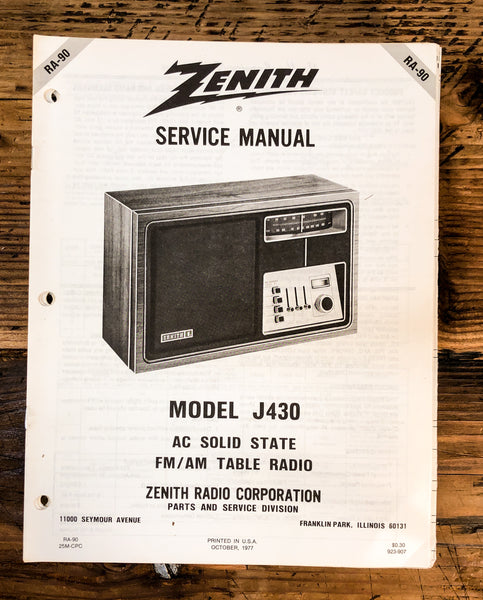 Zenith J430 Radio  Service Manual *Original*