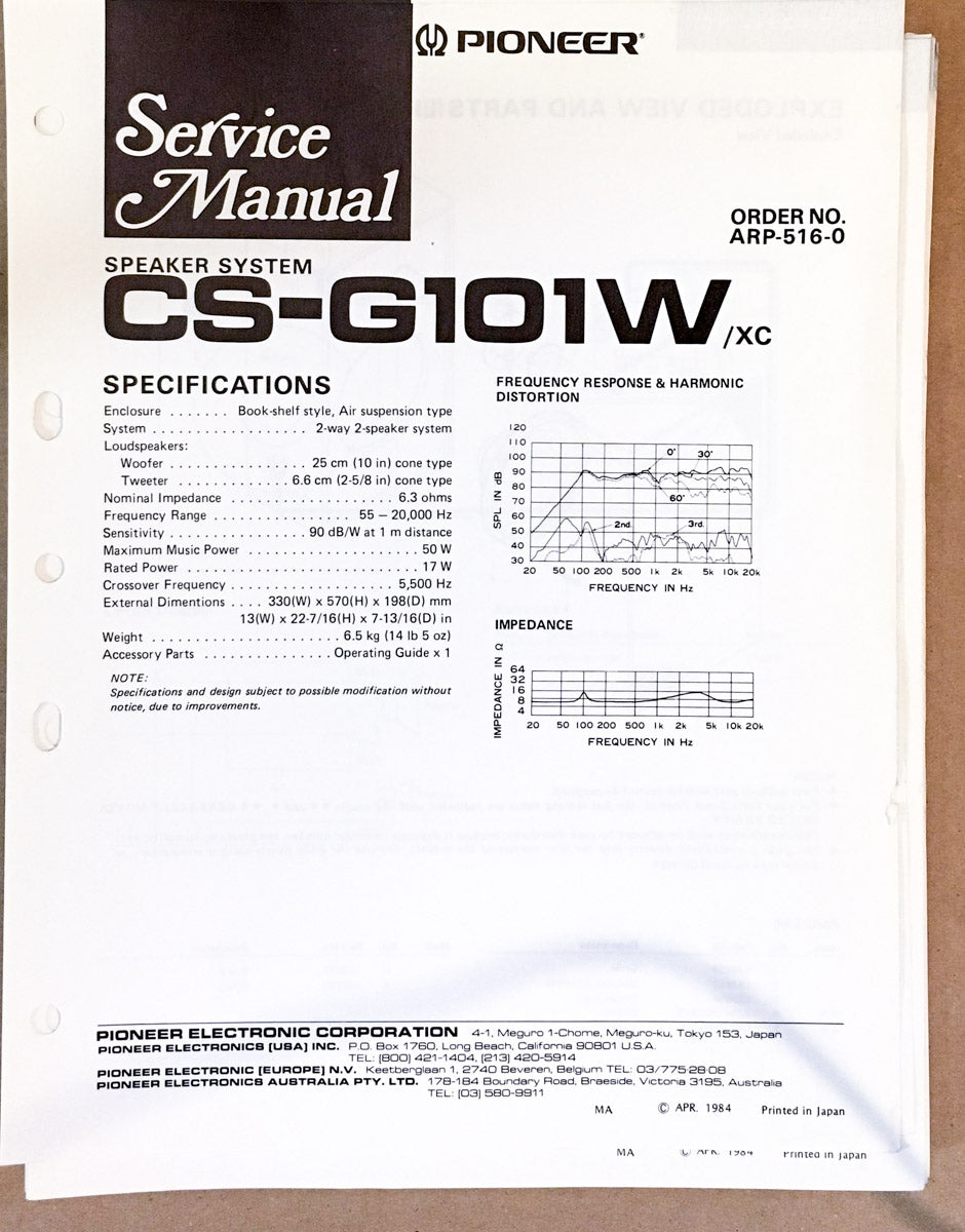 Pioneer CS-G101W SPEAKER Service Manual *Original*