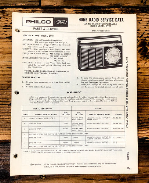Philco Ford QT-92 QT92 Radio Service Manual *Original* #2