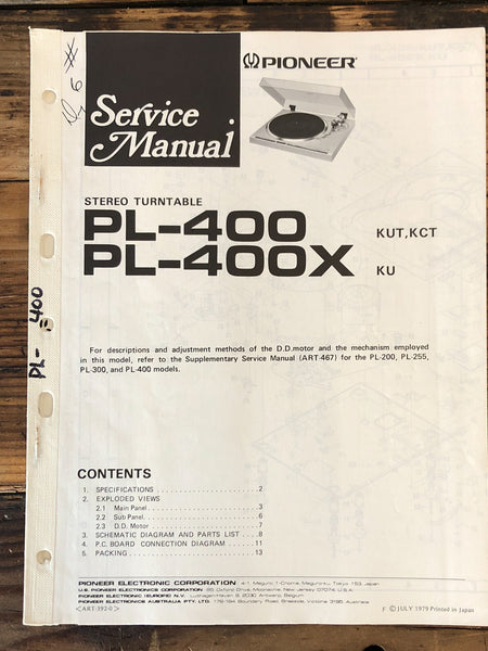 Pioneer PL-400 PL-400X Record Player / Turntable  Service Manual *Original*