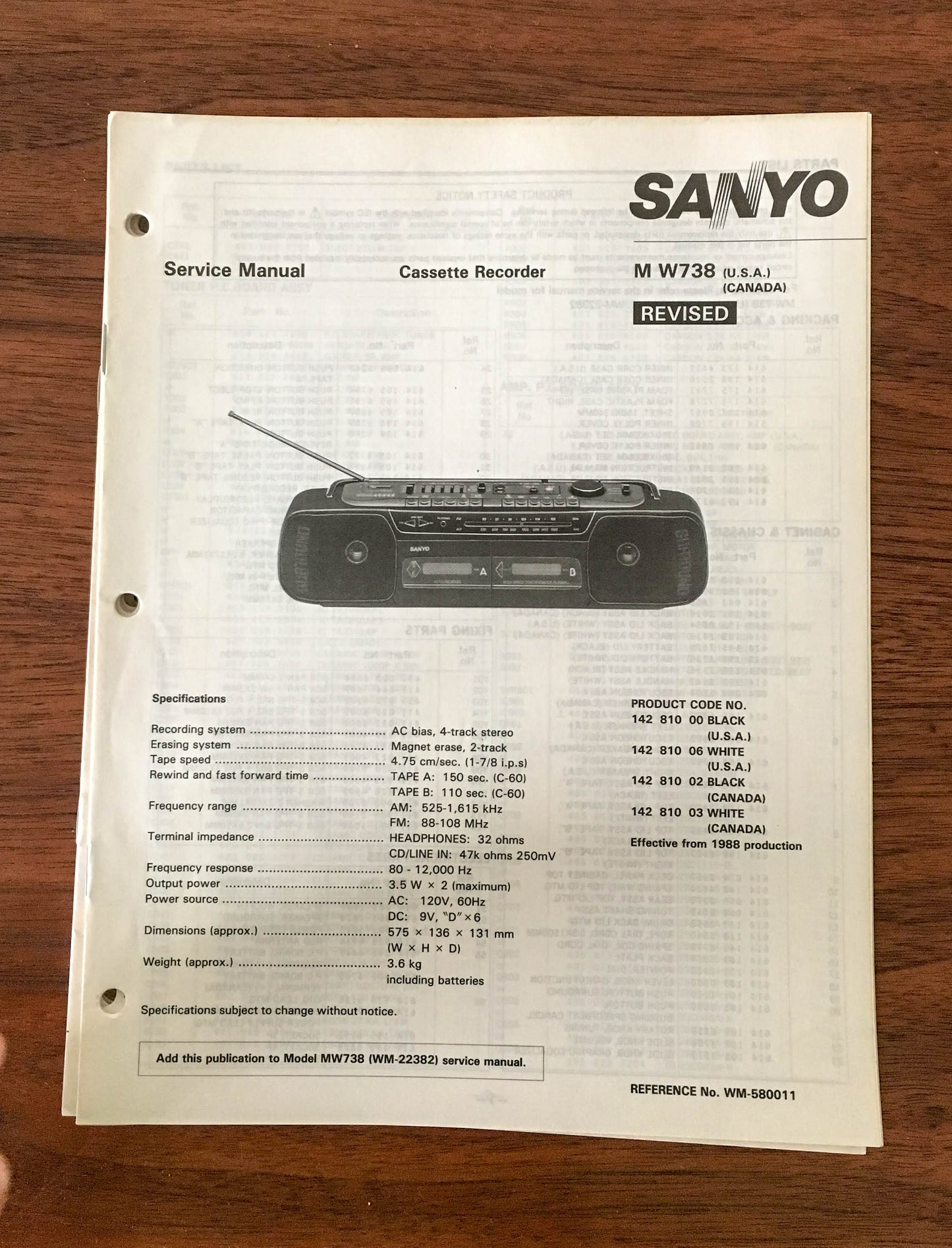 Sanyo M W738 Boombox / Radio Cassette Service Manual *Original* #1