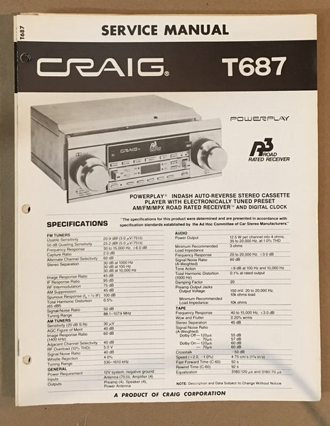 Craig Model T687 Car Stereo / Cassette Service Manual *Original*