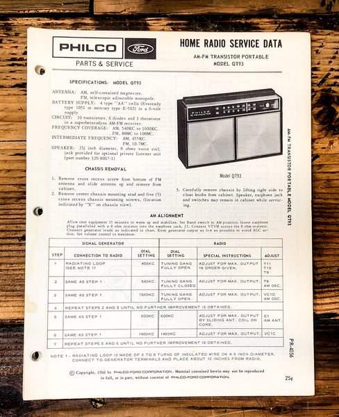 Philco Ford QT-93 QT93 Radio Service Manual *Original*