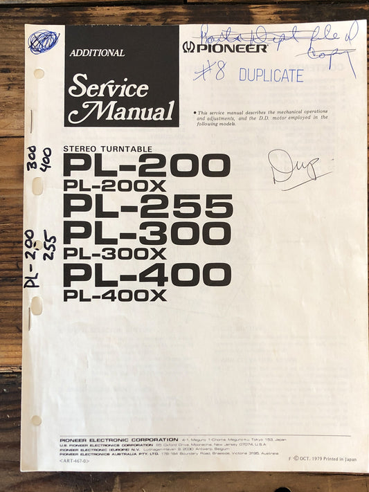 Pioneer PL-200 -200X -255 -300 -400 -400X Turntable  Service Manual *Original*
